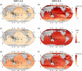 03 IPCC projections for 2081to 2100 relative to 1995-2014 under best case scenario (1.5˚C rise, left) and worst case scenario (CO2 emissions double by 2050, right).jpg