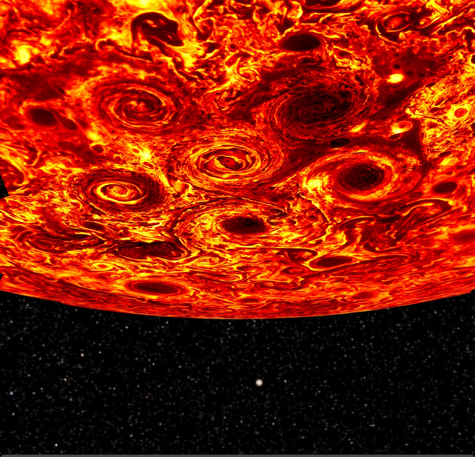 Caption: This picture of the Jupiter's South Pole is a mosaic of many images acquired by the Jovian InfraRed Auroral Mapper at wavelengths around 5 µm during perijove pass #4. The images have been taken in different times while Juno was leaving the planet after the closest approach. What you see here is the heat (measured as radiance) coming out from the planet through the clouds: yellow indicates the presence of thinner clouds and dark red the thicker ones.  Credit: NASA/SWRI/JPL/ASI/INAF/IAPS