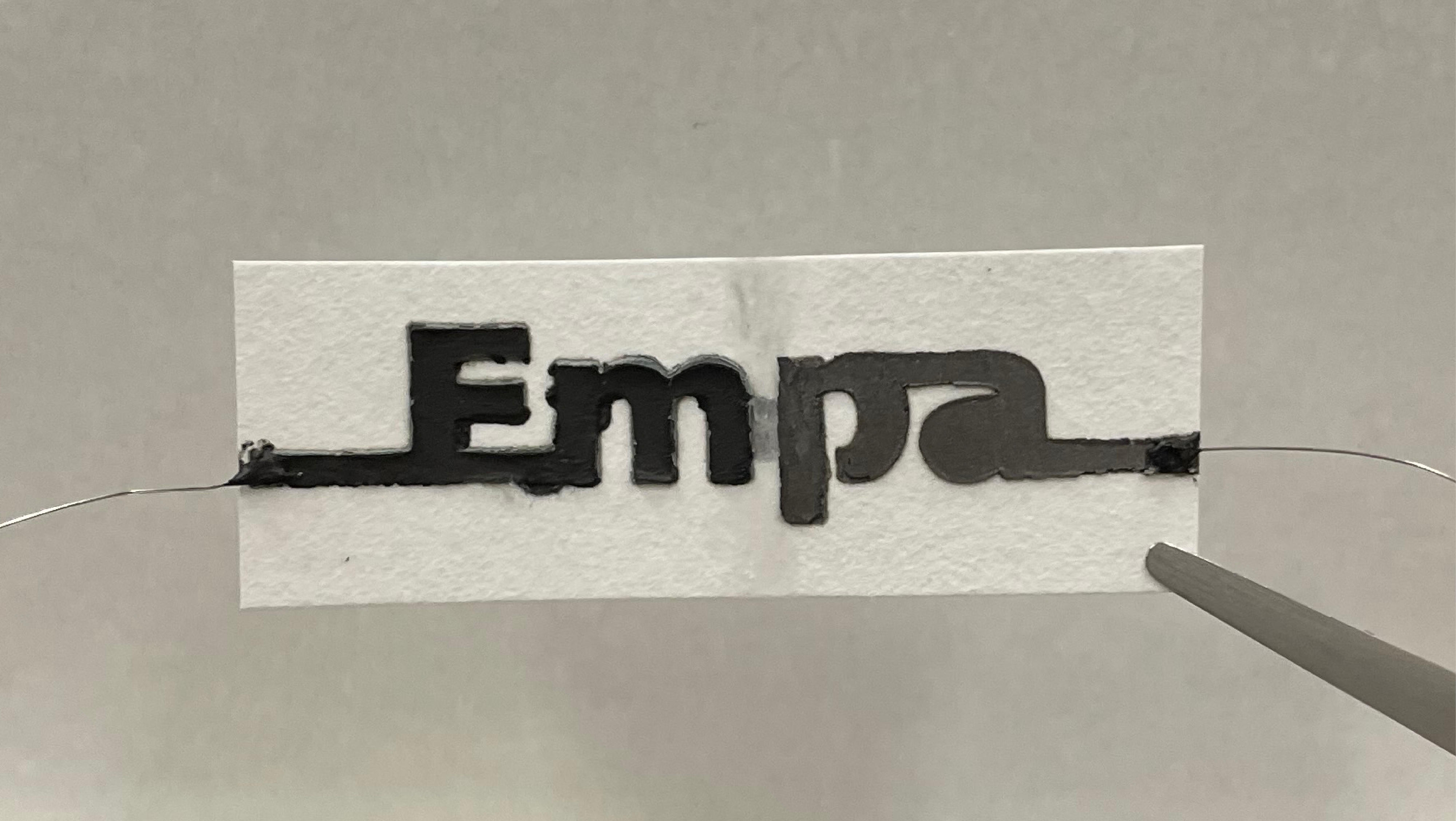 Photograph of a stencil-printed two-cell paper battery with a design that spells the name of the authors' research institution (Empa). Both of the cells are separated by a water barrier. Credit: Alexandre Poulin.