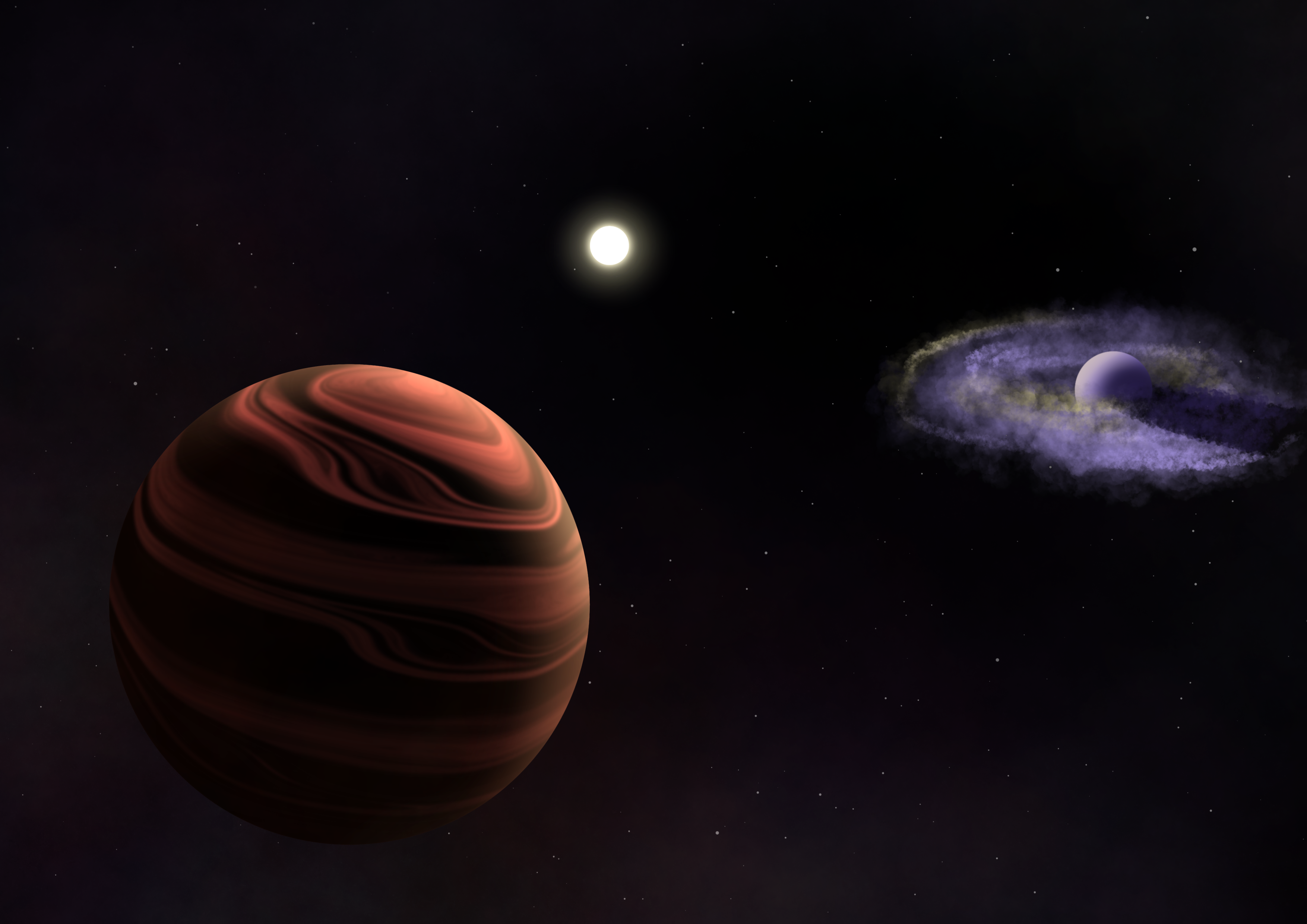 Caption: Artist rendition of the YSES-1 System consisting of the ~16 Myr Sun-like star in the center, YSES-1 b and its dusty circumplanetary disk (right), and YSES-1 c with silicate clouds in its atmosphere (left). Credit: Ellis Bogat.