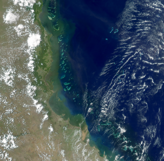 Satellite image of the Central Great Barrier Reef showing land-based runoff