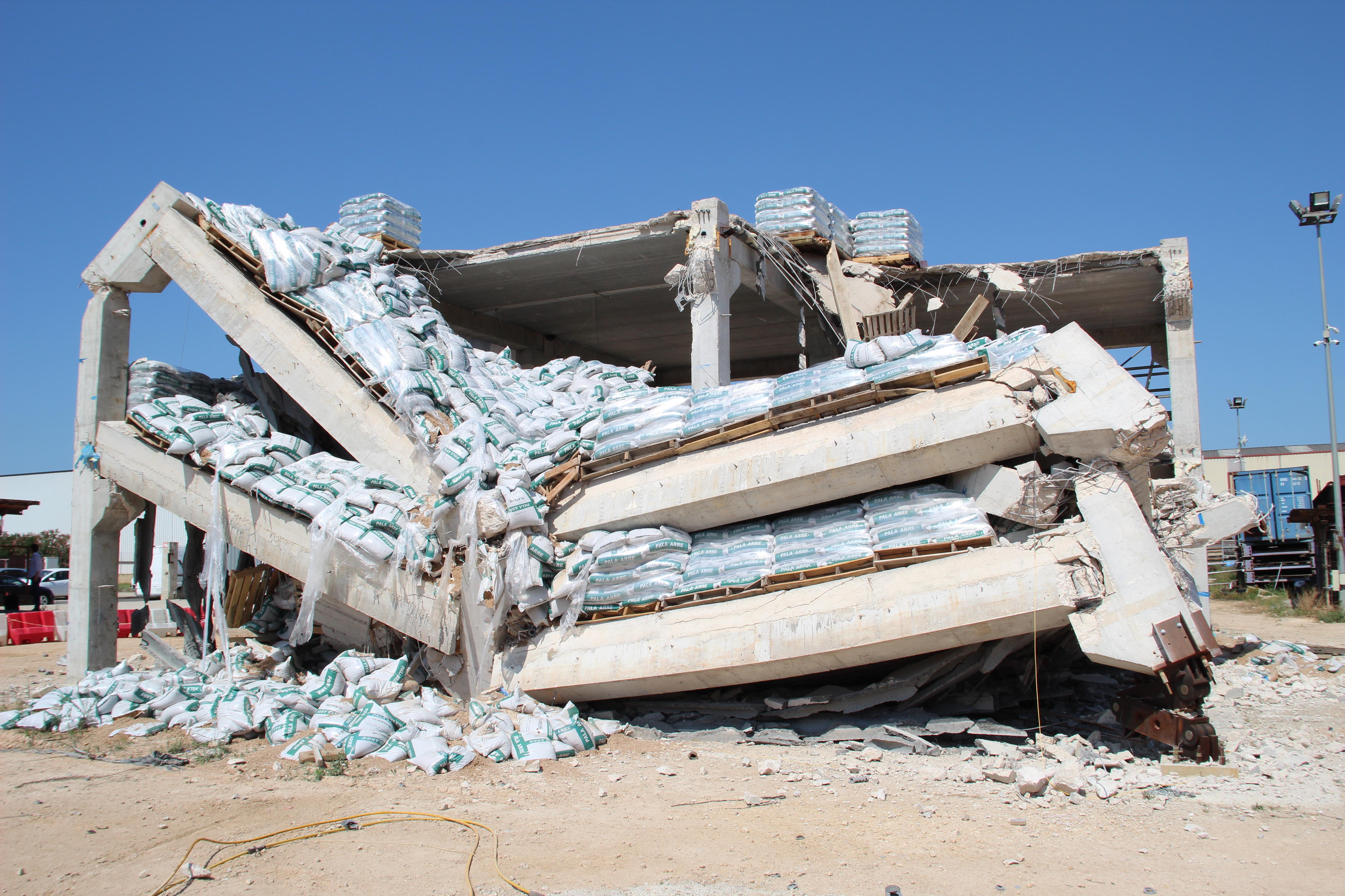 Partially collapsed full-scale precast building after testing. Credit: Jose M. Adam