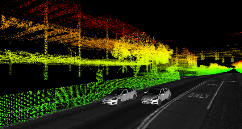 A data visualization showing two Ford self-driving research vehicles driving through Dearborn, MI. Credit: Ford Motor Company
