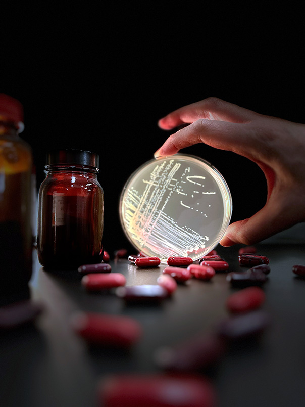 Dr Adrianna Turner, VRE bacteria on a petri dish and Rifaximin antibiotics