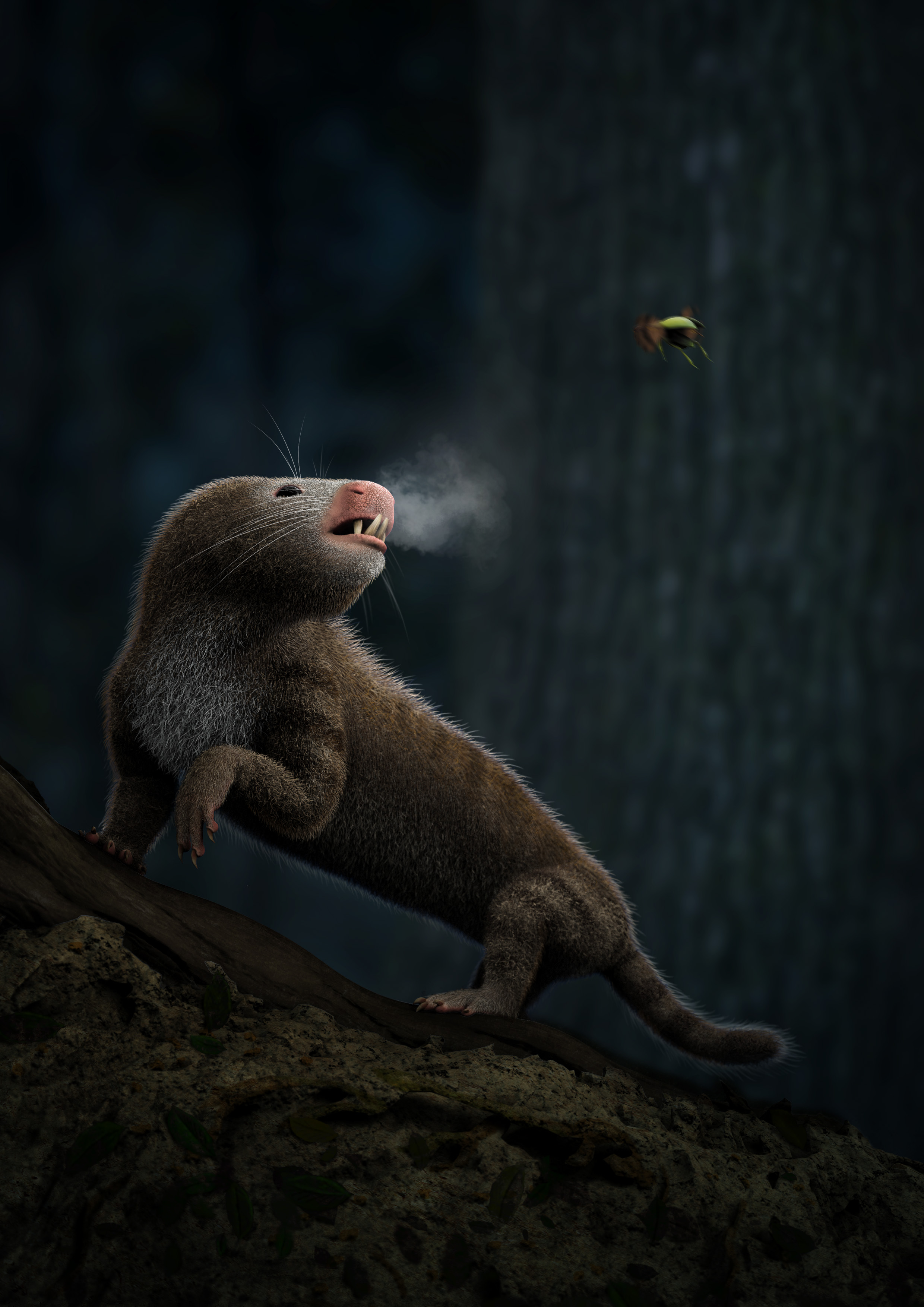 A mammaliamorph breathing out hot hair in a frigid night, hinting at endothermy (warm-bloodedness). Credit: Luzia Soares.