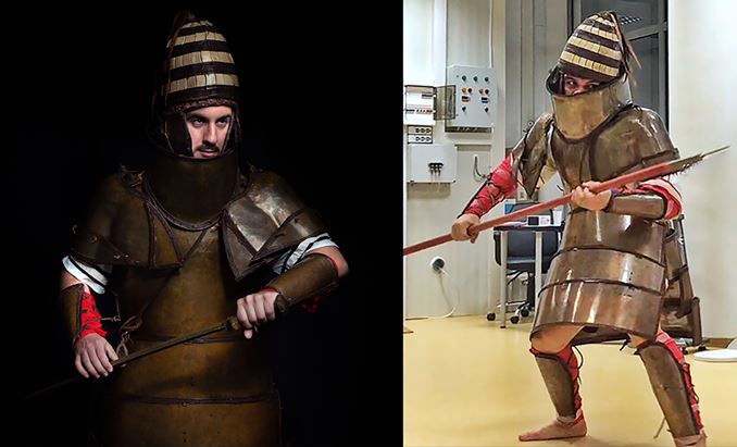 Volunteer marine soldiers in simulated combat wearing the Dendra armour replica during the empirical study (right) and an artistic photo shoot (left). Photo credit: Andreas Flouris and Marija Marković. Permission required for reproduction.