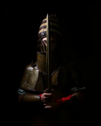 Artistic photo showing the replica of the Dendra armor used in the study