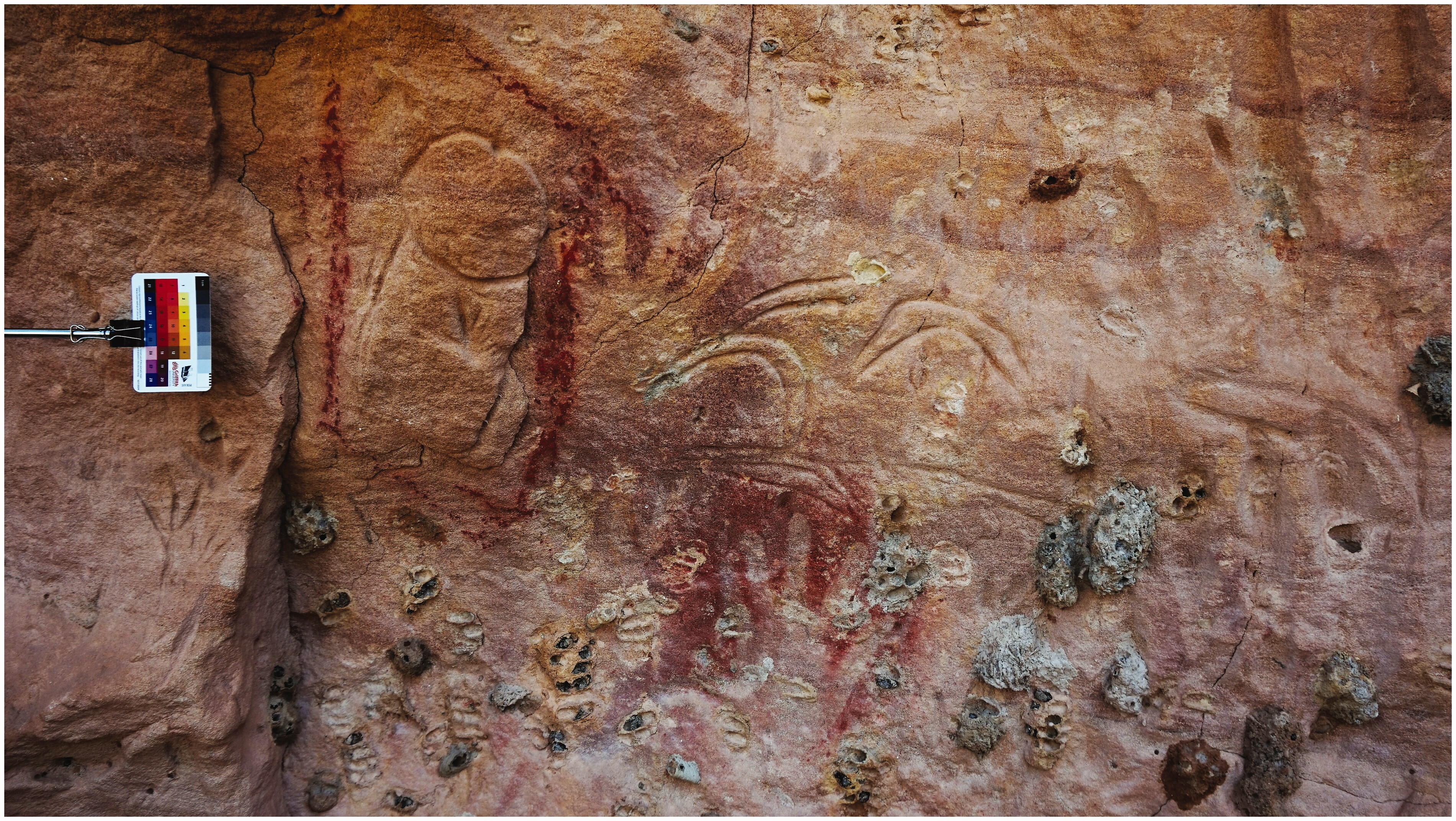 Engraved penis and boomerangs to the immediate left of the seven star-like designs interpreted as the Seven Sisters. The penis, outlined in red ochre, is interpreted by community Elders as referring to Wattanuri (Photo: P. Taçon)