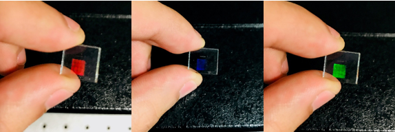 Credit: Heyou Zhang/ Description: A demonstration of optical effects made possible using the nanoscale assembly method to align gold nanorods within a material. Different colours become visible to the observer as the angle of the prototype device changes. 