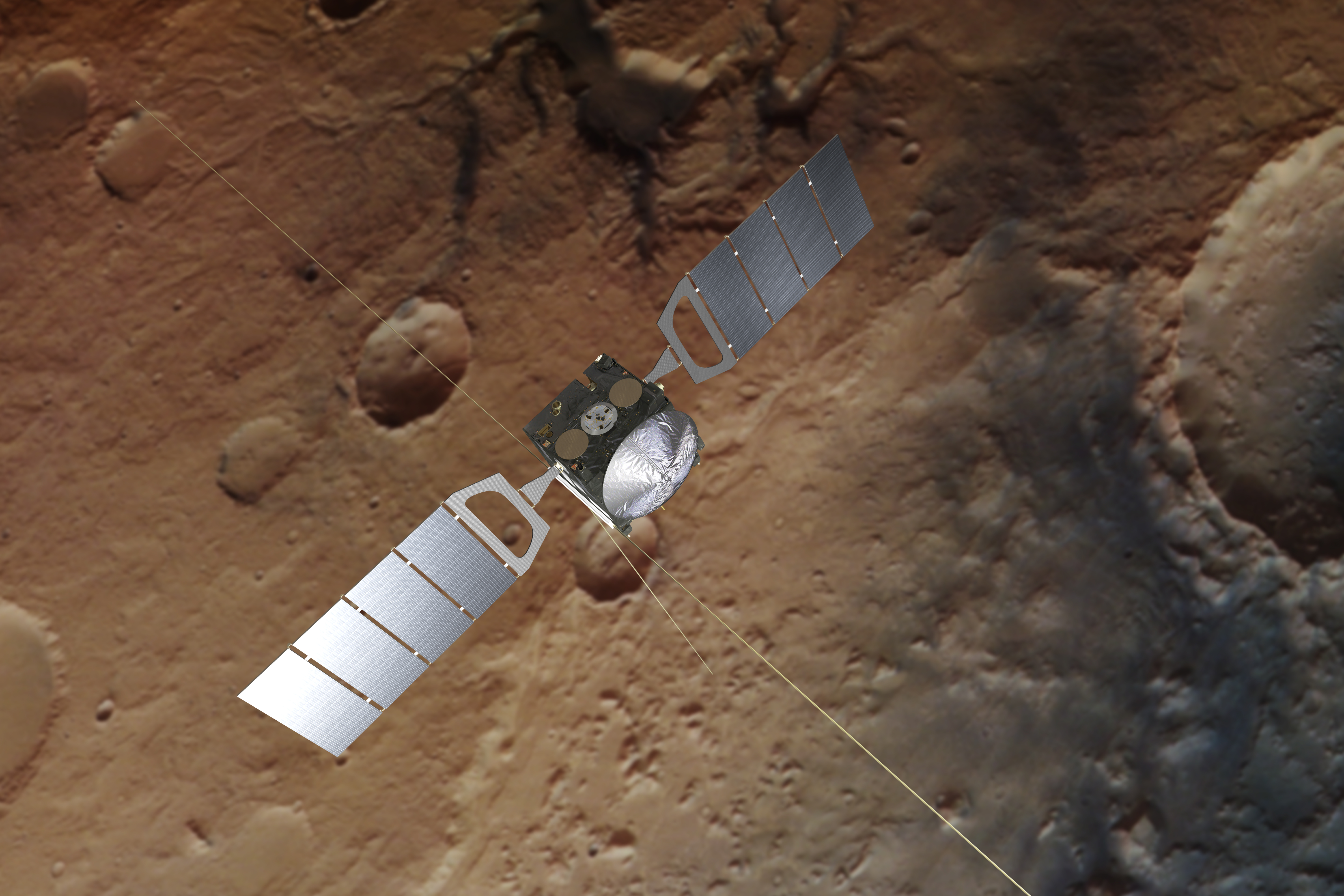 Artist impression of Mars Express (background based on an actual image of Mars taken by the spacecraft's high resolution stereo camera). Image credit - Spacecraft: ESA/ATG medialab; Mars: ESA/DLR/FU Berlin, CC BY-SA 3.0 IGO