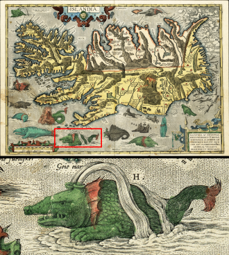 Ortelius's 1658 map of Iceland showing various mythological sea creatures