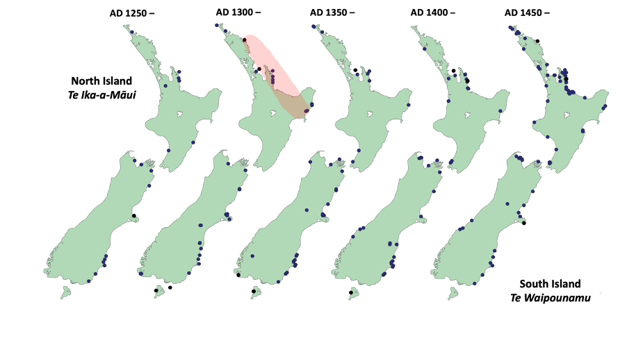 The spatiotemporal distribution of human activities across NZ in 50-year intervals. 
