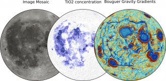Visible image of the nearside, TiO2 concentration map, Bouguer Gravity Gradient 