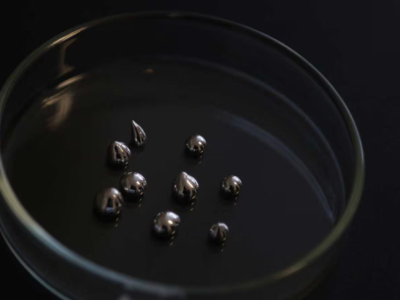 Gallium liquid metal is placed in a petri dish via a syringe. [Credit University of Sydney/Philip Ritchie]