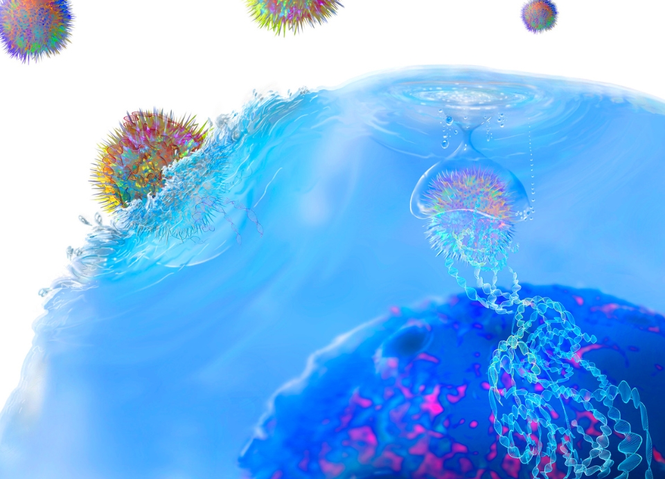 Illustration of CAR T therapy - a cancer treatment that uses a patient's own T cells (blue) to kill cancer cells.