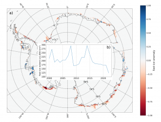 Distribution of anomalies in Antarctic fast-ice extent in early-mid March 2022.