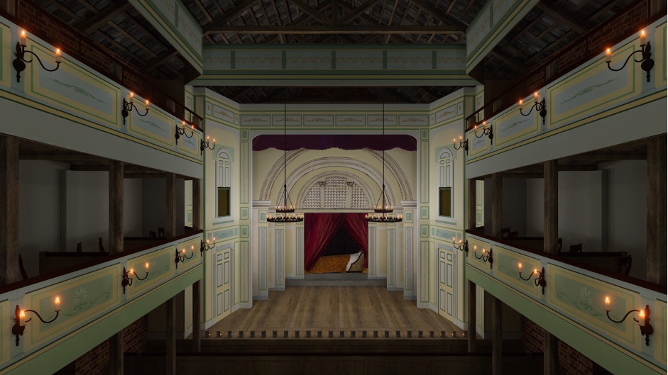  Virtual model of the 1841 Queen’s Theatre, Adelaide, with stage setting for the bed chamber scene in Othello. Art work by Mary Moore; virtual production by Ortelia Interactive.