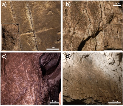 Detail of the dissolution processes in the fissures, interpreted as engravings by Berger et al. (2023b), but clearly natural in other cases.