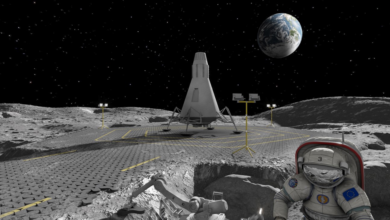 Rendering of paved road and landing pad, on the lunar surface. Credit: Liquifer Systems Group.