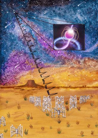 Artist's Impression of the Murchison Widefield Array observing a pulsar star.