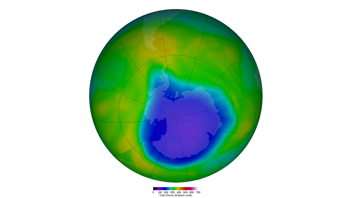 False-color view of total ozone over the Antarctic pole. The purple and blue colors are where there is the least ozone, and the yellows and reds are where there is more ozone. Credit: NASA Ozone Watch