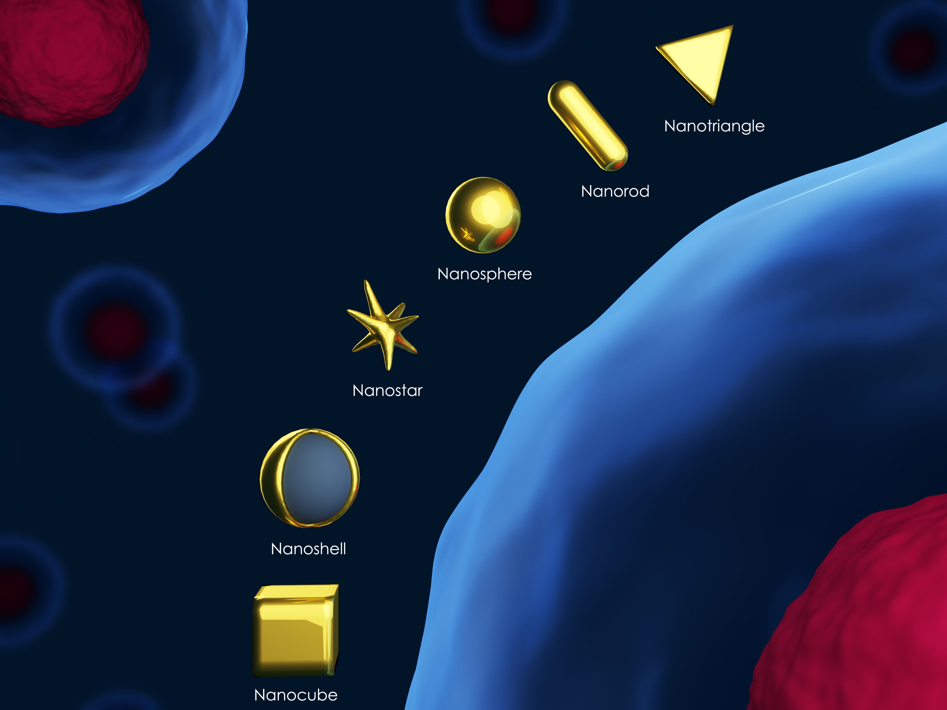 3D render of different shapes of gold nanoparticles. Courtesy Getty Images