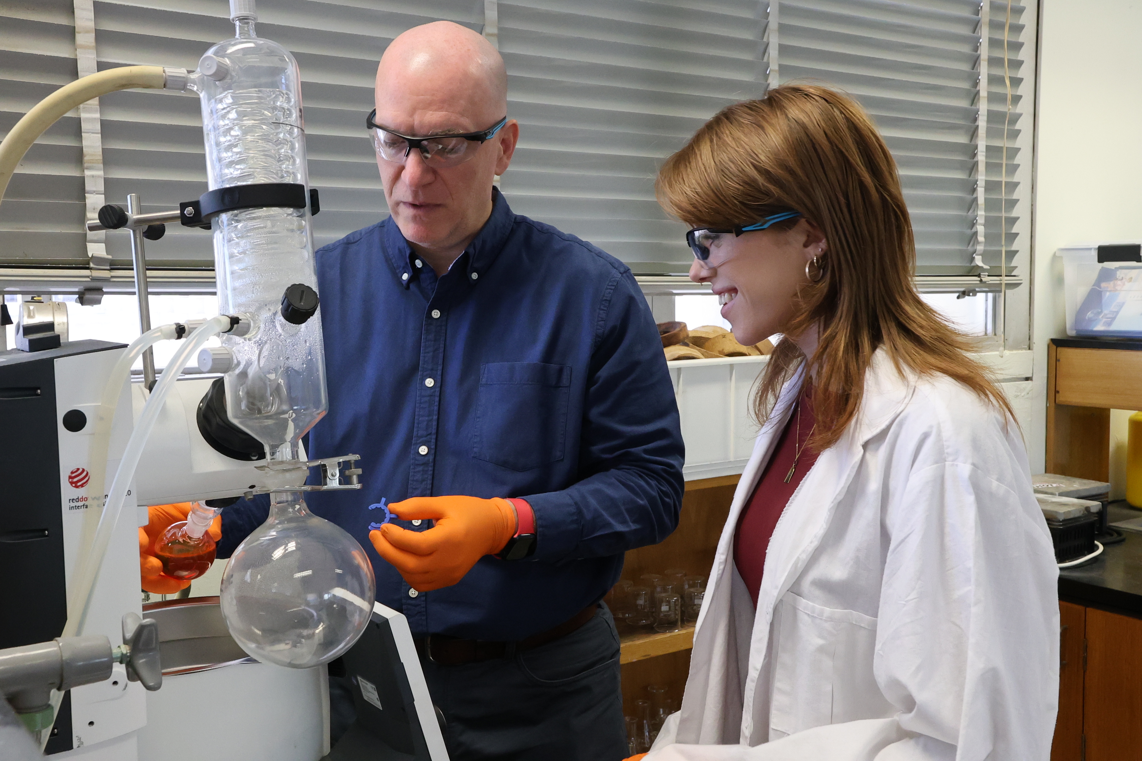 Professor of Chemistry and Nanotechnology Ingo Koper with engineering student Madeline Macalister at Flinders University. 