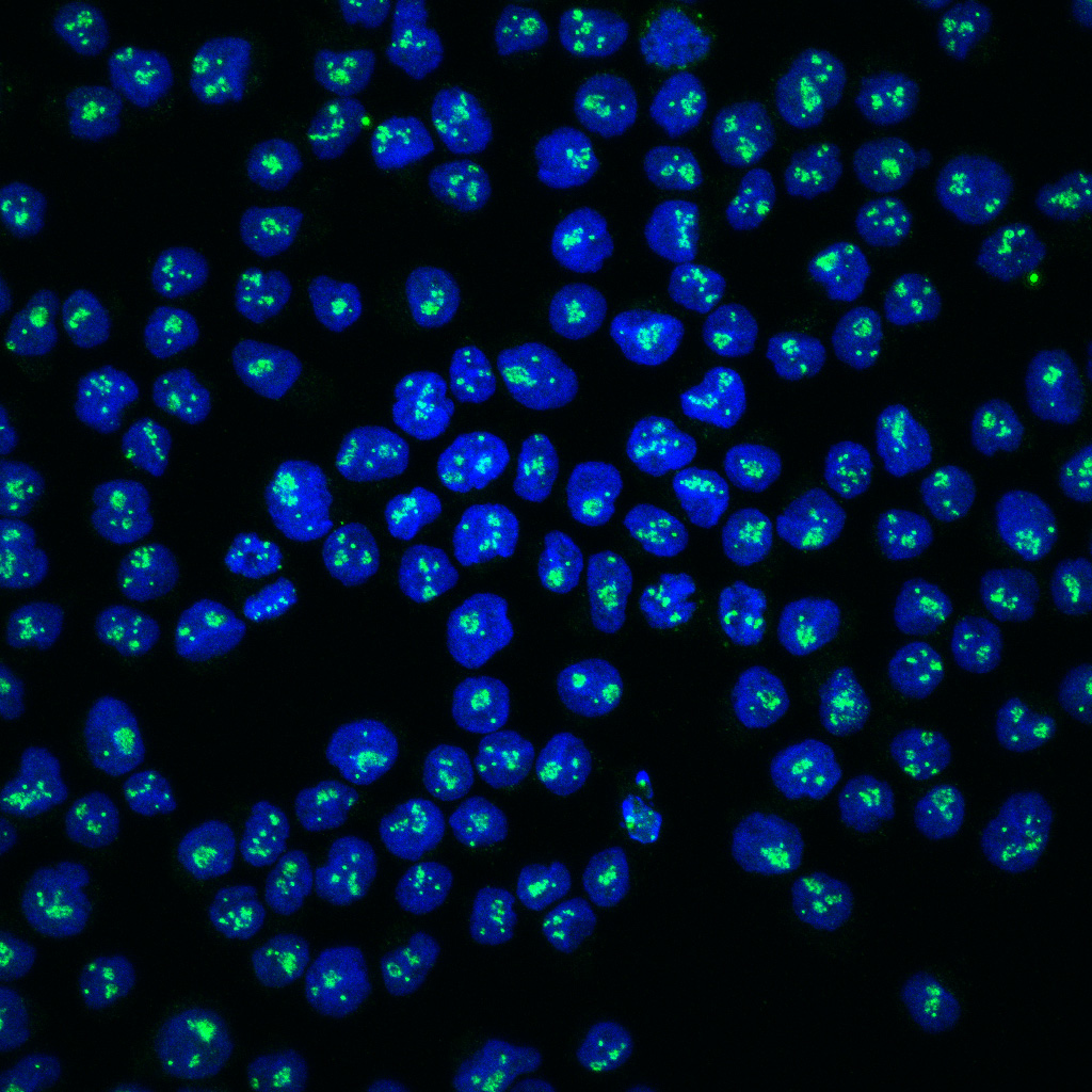 Treating acute lymphoblastic leukaemia cells with the drug CX-5461 disrupts the nucleolar ribosome machinery shown by the fibrillarin protein (green) in the nucleus (blue) that stimulates the nucleolar stress response and initiates leukaemia cell death. Credit: Peter Mac