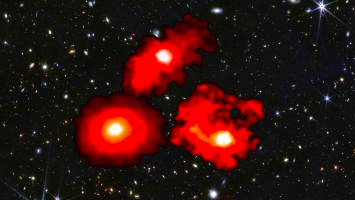 Three Red Monsters — extremely massive and dusty galaxies in the first billion years after the Big Bang — indicating that the Universe is forming stars more efficiently than we expected. Image taken by the James Webb Space Telescope. Credits: NASA/CSA/ESA, M. Xiao & P. A. Oesch (University of Geneva), G. Brammer (Niels Bohr Institute), Dawn JWST Archive 