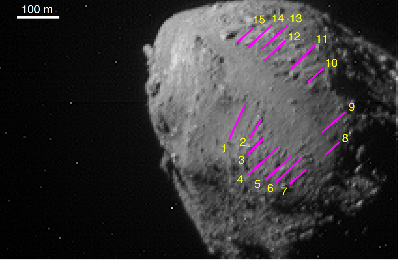 Suspected boulder tracks on the surface of Didymos. Credit: J.Bigot and P. Lombardo (ISAE-SUPAERO).