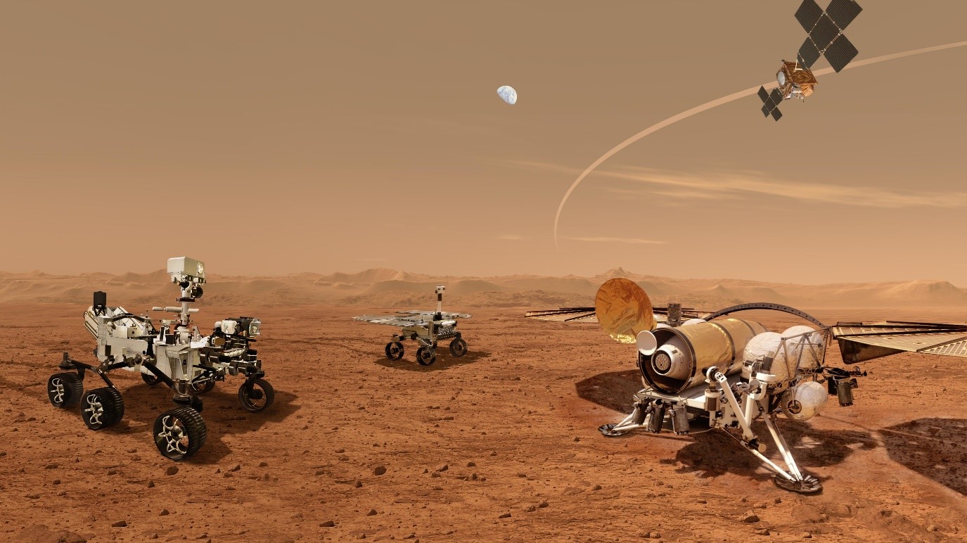 Concept for a set of future robots working together to ferry back samples from the surface of Mars. Supplied by NASA.