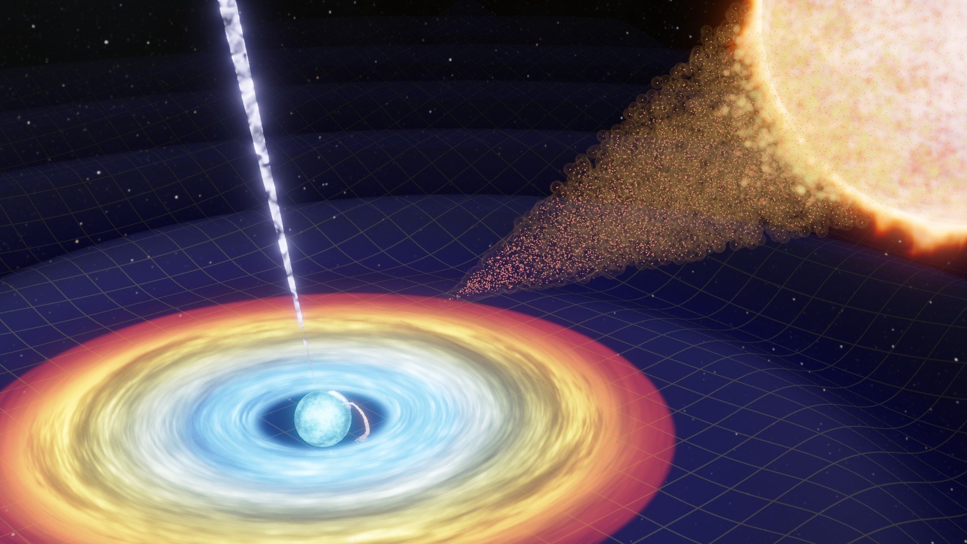 Artist’s impression of continuous gravitational waves generated by a spinning asymmetric neutron star. Credit: Mark Myers, Ozgrav-Swinburne University
