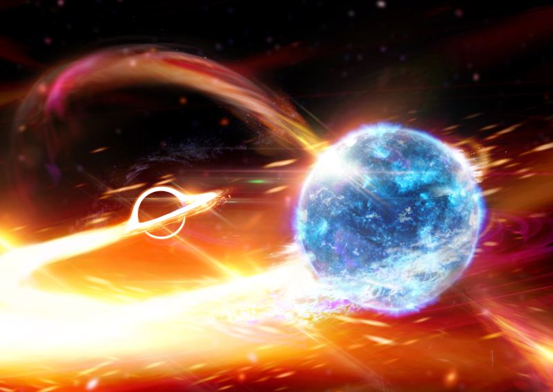 Caption: Artists depiction of a black hole about to swallow a neutron star  Credit: Carl Knox, Swinburne/OzGrav ARC Centre of Excellence 