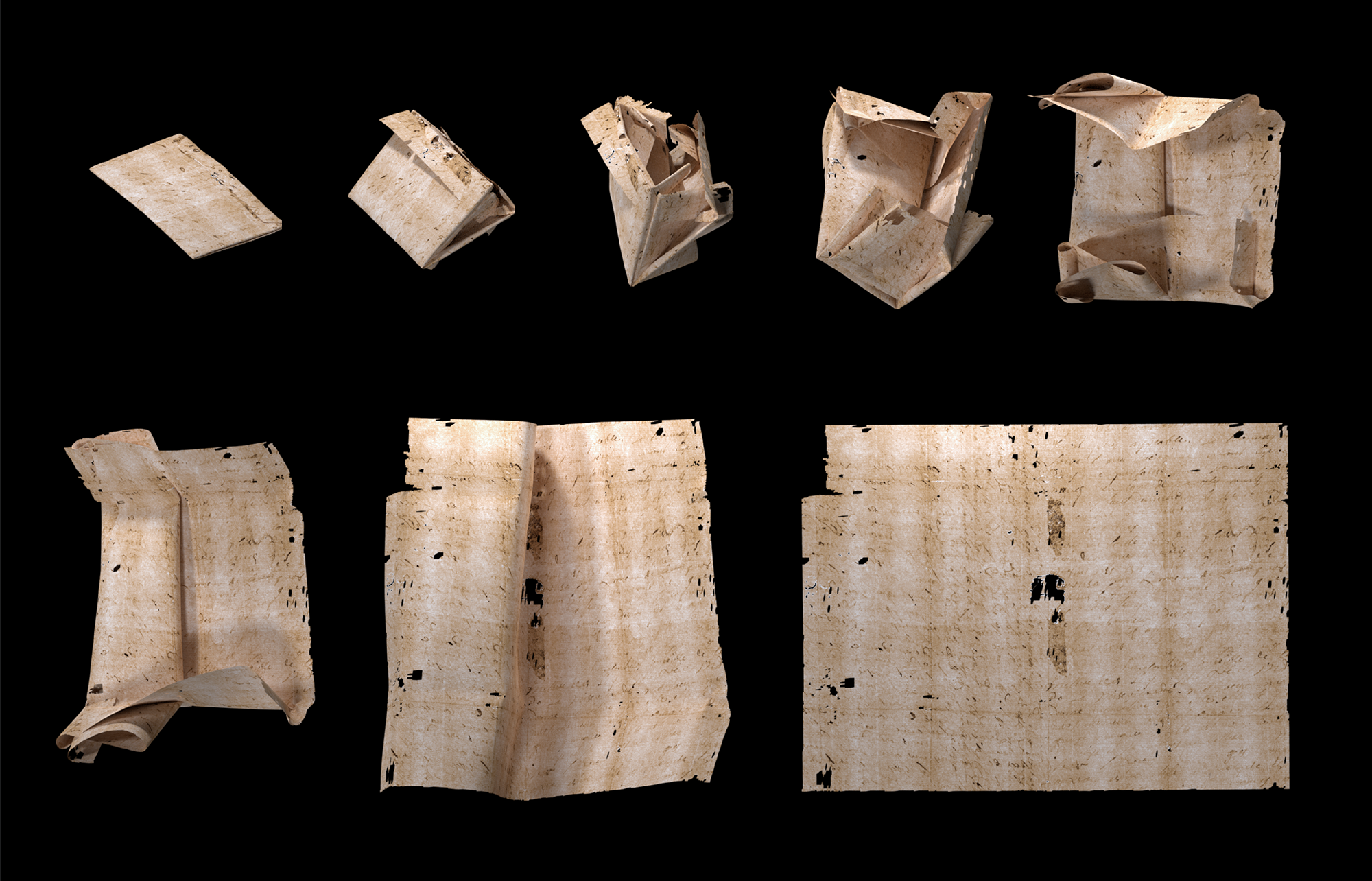 Computer-generated unfolding sequence of sealed letter DB-1538. In our paper we describe how “virtual unfolding” was used to read the contents of sealed letterpackets from 17th-century Europe without physically opening them. Credit: Unlocking History Research Group (email address: jld@mit.edu)