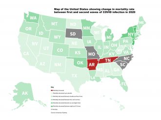 Map of the United States showing change in COVID-19 mortality 