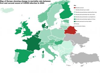 Map of Europe showing change in COVID-19 mortality
