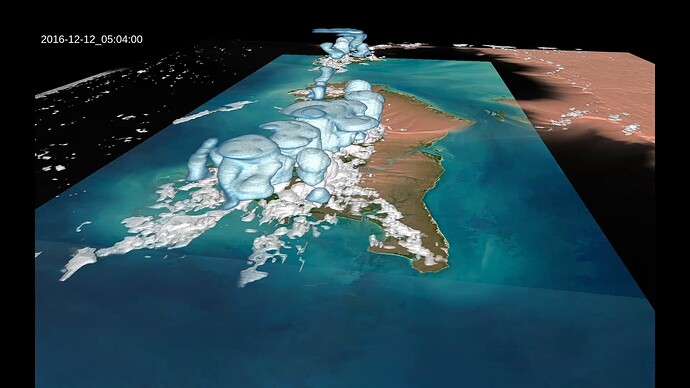 This 3D animation uses the ACCESS-rAM3 regional model and shows a 6-hour simulation of cloud water and cloud ice of a thunderstorm over the Tiwi Islands at 1 km resolution, using images generated with VAPOR (vapor.ucar.edu).  Credits: Chris Chambers, University of Melbourne