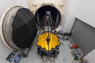 The JWST being tested in a cryogenic vacuum chamber. 