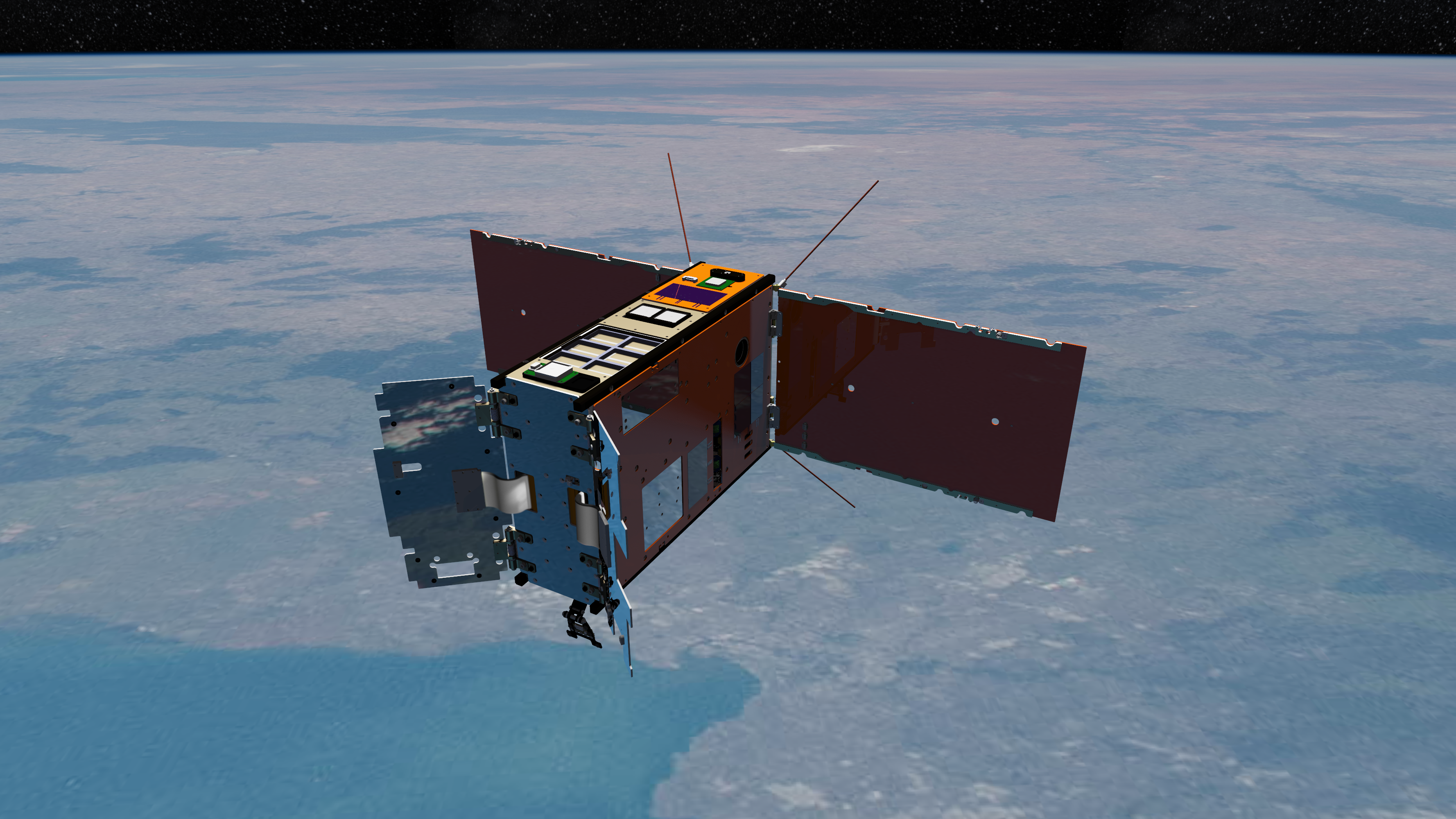 Render image of the SpIRIT nanosatellite in orbit 