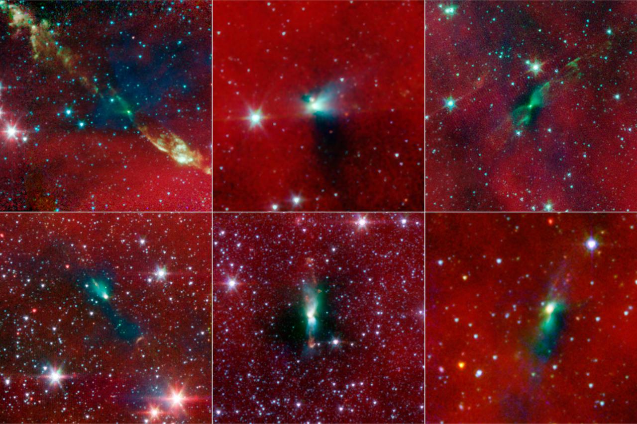 This is one of six images taken by NASA Spitzer Space Telescope, showing that tight-knit twin, or binary stars might be triggered to form by asymmetrical envelopes. Secondary Creator Credit: NASA/JPL-Caltech/Univ. of Michigan