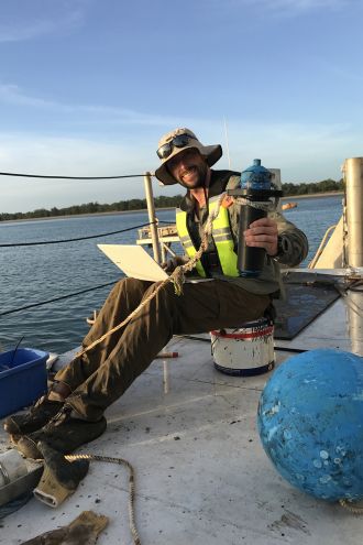 Dr Ross Dwyer of UniSC downloads data from acoustic receivers