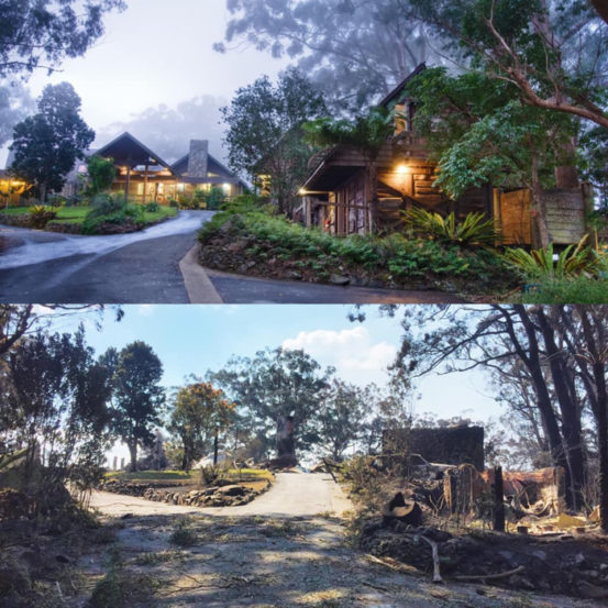 Binna Burra Lodge before and after the bushfire. Credit: Leighton Pitcher