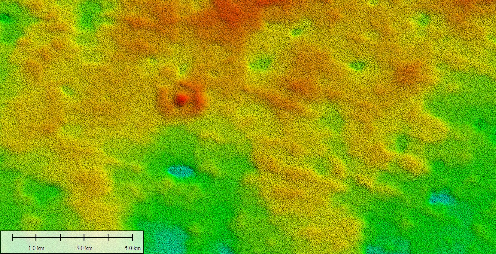 TanDEM-X Digital Elevation Model from the German Aerospace Centre. Red colours indicate higher elevations and show an unusual bulls-eye structure rising up to 10 m above the surrounding plain, representing a remnant of an original biological mound from the time of deposition on the sea-floor ~14 million years ago.