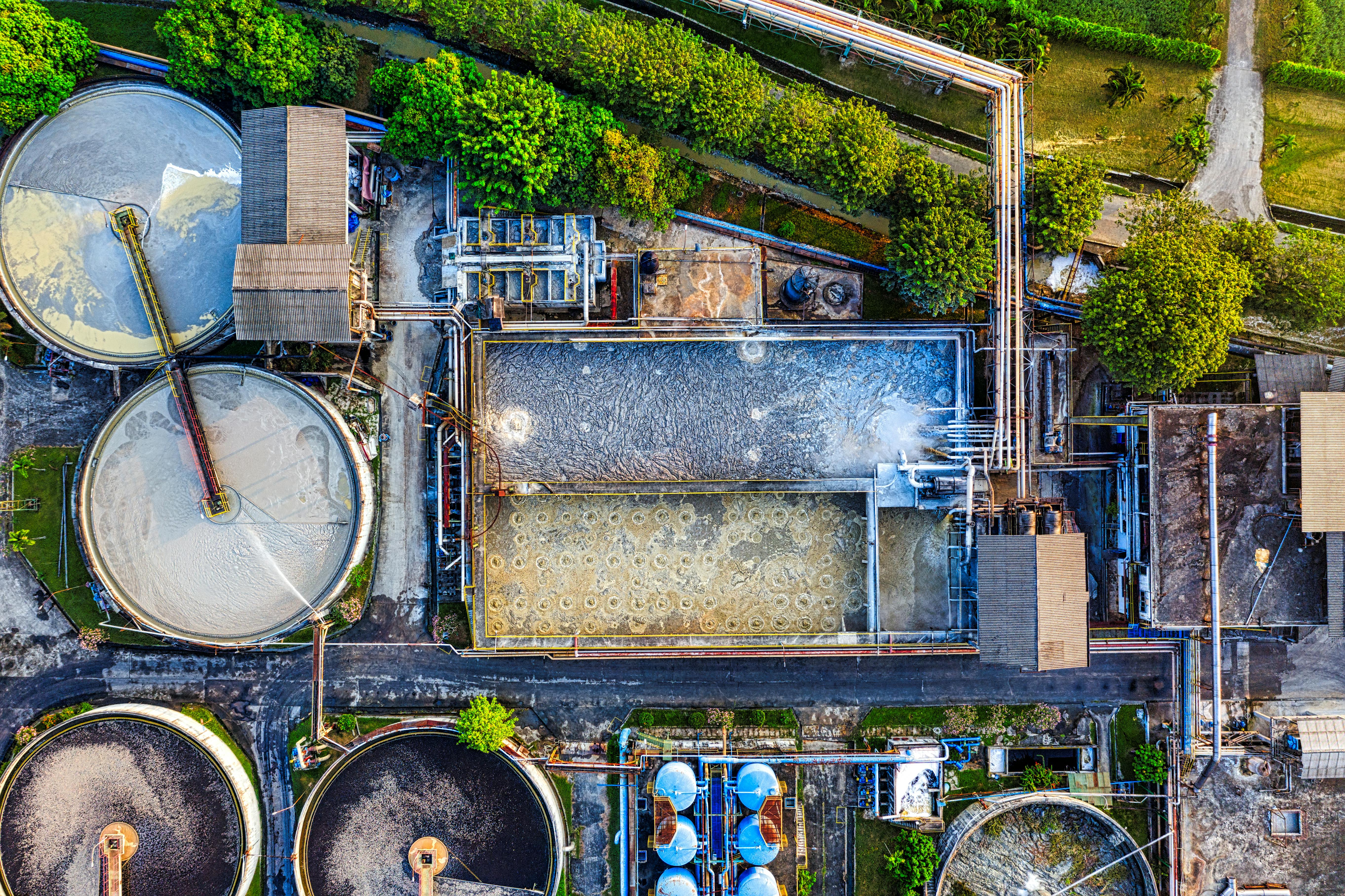 CC-0. https://www.pexels.com/photo/bird-s-eye-view-of-wastewater-treatment-plant-5131196/