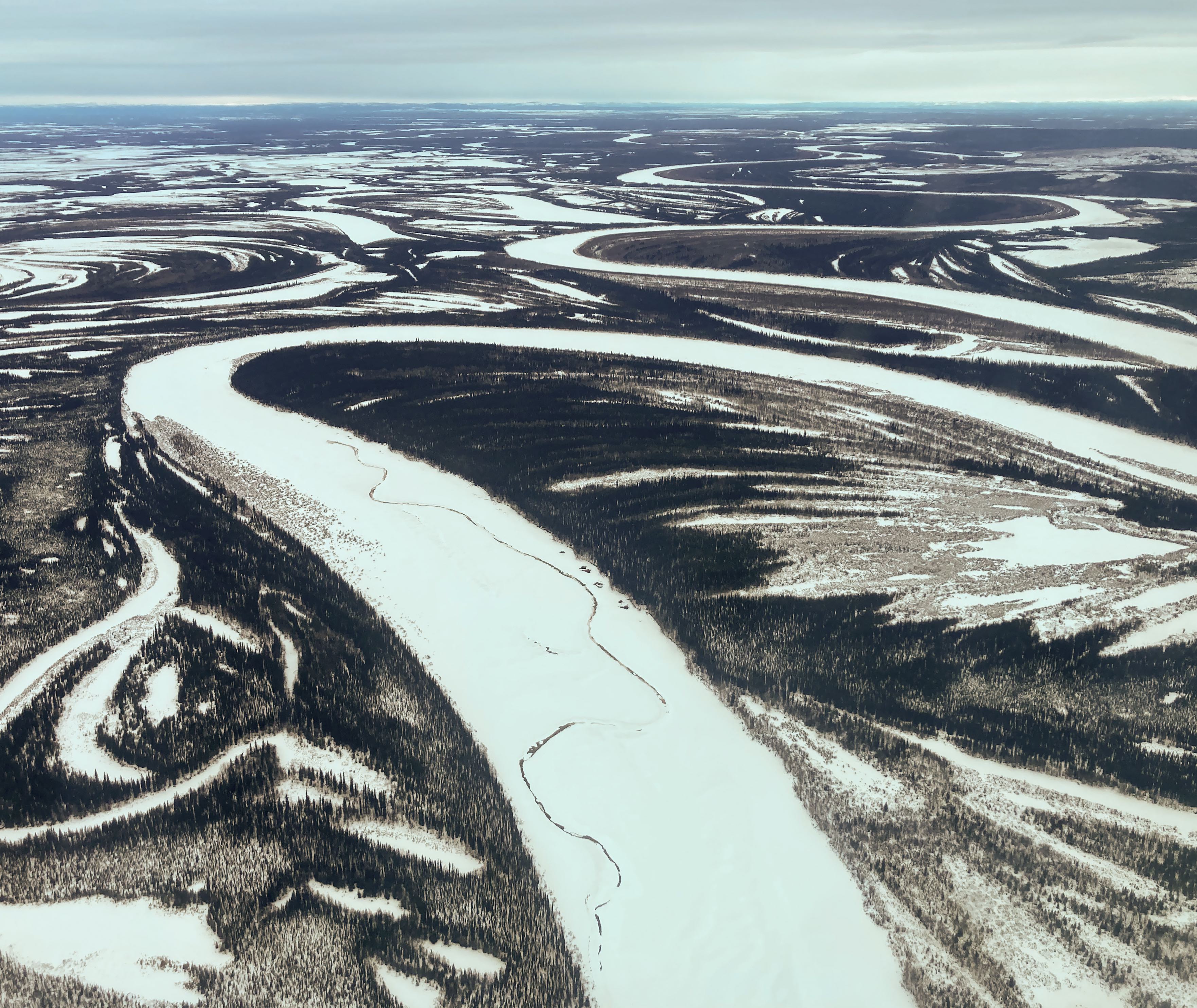 Bends of the Koyukuk River, photographed by airplane in March of 2024. Credit: Emily Geyman