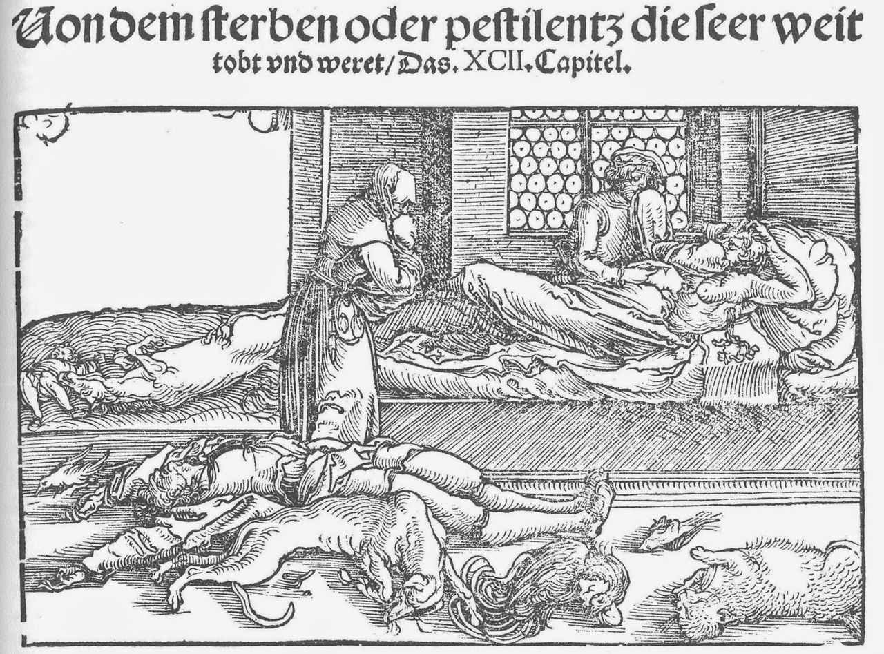 Woodcut of dying plague patients from 1532, Public domain, via Wikimedia Commons