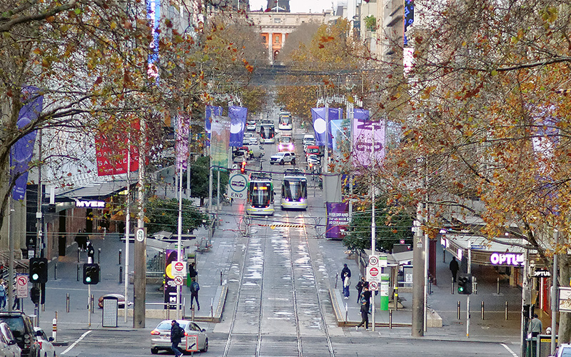 Caption: Bourke Street Mall in Melbourne on a Friday afternoon during peak hour on day 8 of Victoria's fourth Coronavirus Lockdown in June 2021. Credit: Michael J Fromholtz