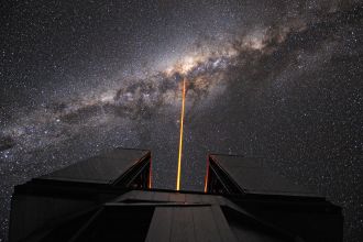 The Laser Guide Star (LGS) is launched from the VLT's 8.2-metre Yepun Telescope