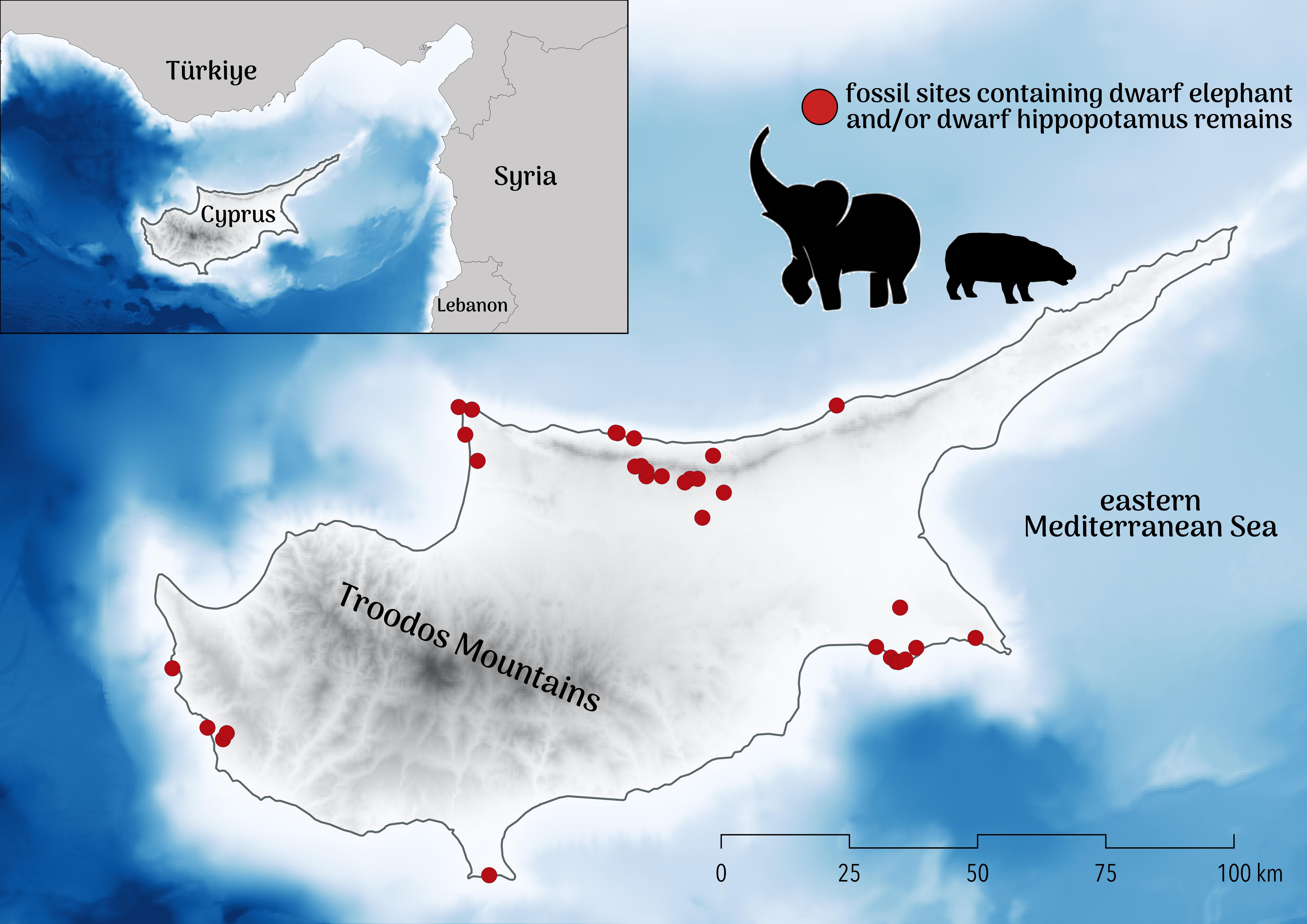  Map of Cyprus showing the approximate position of fossil sites where dwarf elephants and hippos have been retrieved. Credit: Professor Corey Bradshaw, Flinders University.