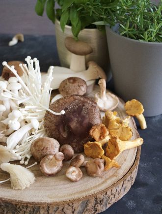 Enoki mushrooms (left)